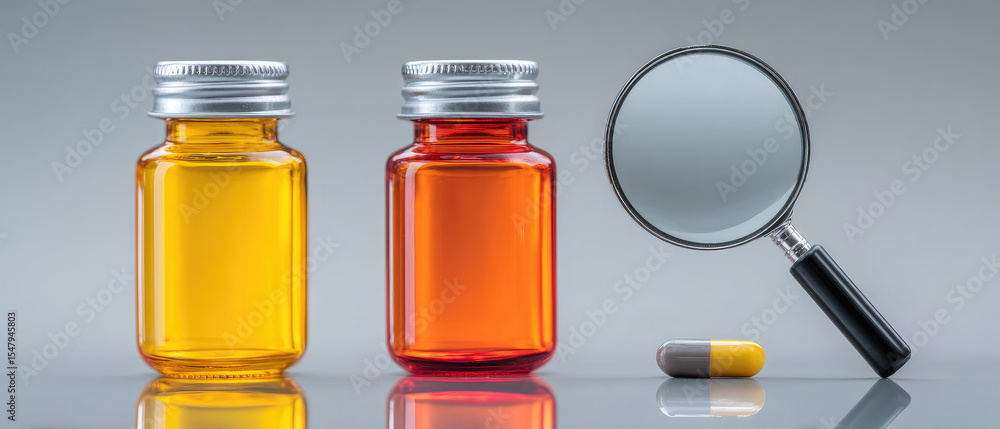 Poster analyzing liquid samples colorful bottles and pills under magnifying glass laboratory setting scient