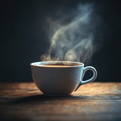 A steaming cup of coffee sits on a wooden surface against a dark background, emitting wisps of aromatic steam.