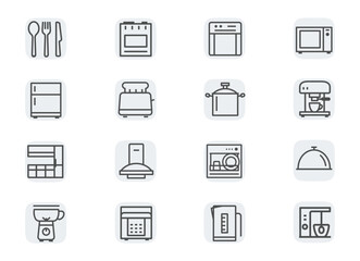 Kitchen and kitchen equipment. Concept editable stroke outline icons set isolated on white background flat vector illustration. Pixel perfect