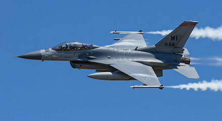 A gray fighter jet soaring through a clear, bright blue sky, leaving vapor trails.