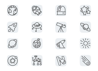 Space and stars vector linear icons set. Astronomy and space outline symbols pack. Concept editable stroke outline icons set isolated on white background flat vector illustration.