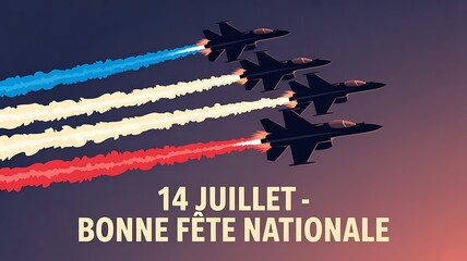 Bastille Day, National Holiday of France, Happy Bastille Day - in French, Happy Bastille Day banner with fighter jets in silhouette, created with generative ai