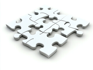 A jigsaw puzzle, isolated on a white surface, with scattered pieces and no shadow.