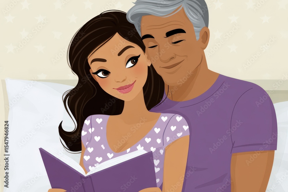 Poster a loving couple sharing an intimate moment while reading a book together in a cozy bedroom setting c