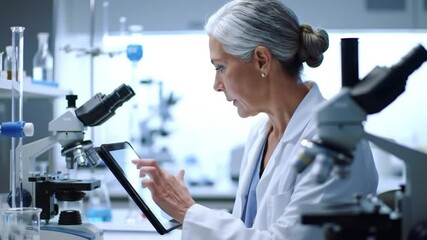 Science, laboratory and mature woman on tablet for medical analysis, research and report. Healthcare, biotechnology and scientist on digital tech and equipment for experiment, lab study and results - Powered by Adobe