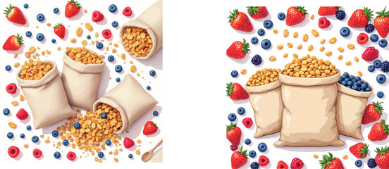 Vsai cereal grains falling into burlap sacks with fresh berries, healthy breakfast illustration