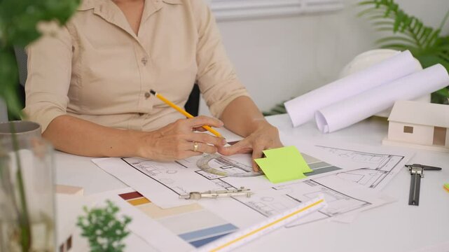 Close up of architect&rsquo;s hands sketching building floorplan on paper with modern tools on bright desk