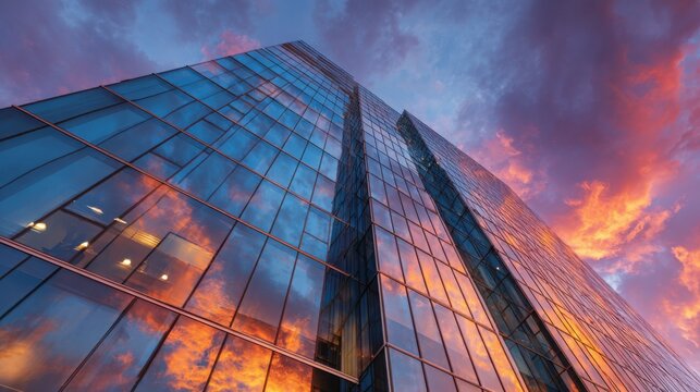 Architectural glass façade reflecting colorful sunset sky, dynamic perspective with clean modern lines