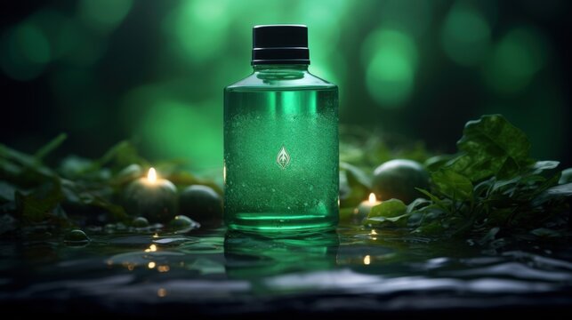 A mystical green elixir of renewal bottle amidst tranquil nature with candle glow and soft bokeh