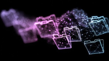 Abstract network grid with files and folders, futuristic software interface, digital document management system, store, search and organize documents, corporate business, paperless office	
