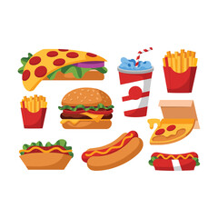 Deliciously illustrated fast food items including pizza burgers hot dogs french fries and soda
