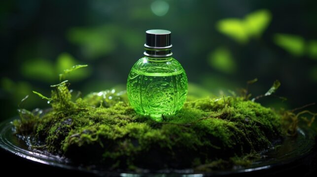 Emerald elixir of rejuvenation rests on moss a promise of nature s healing with soft ethereal green