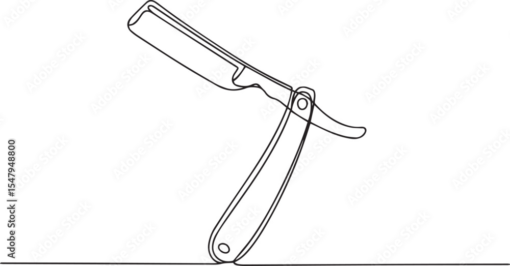 Poster continuous single line drawing of a straight razor with curved handle and blade in elegant black lin