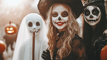 Creative Halloween costumes featuring a child ghost, a witch with a broom, a cat-inspired face paint, and a classic vampire, Generative Ai 