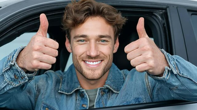 Enthusiastic young man giving a thumbs up while sitting in his car, embodying joy and positivity.