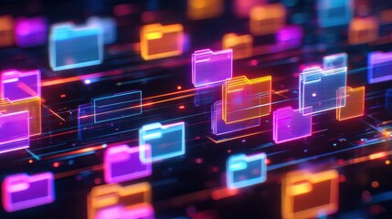 Fototapeta premium Abstract network grid with files and folders, futuristic software interface, digital document management system, store, search and organize documents, corporate business, paperless office 