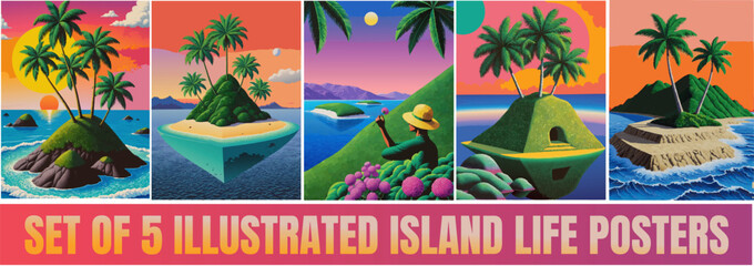 set of 5 illustrated island life posters flyers prints backgrounds