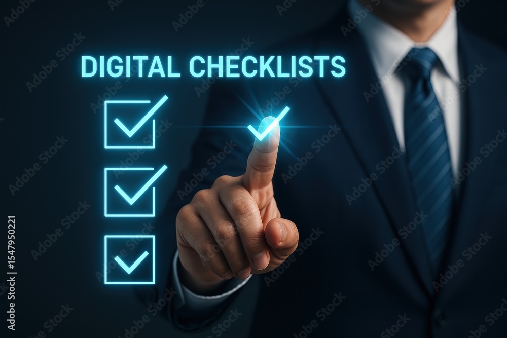 Poster businessman pressing digital check with checkmarks on virtual screen