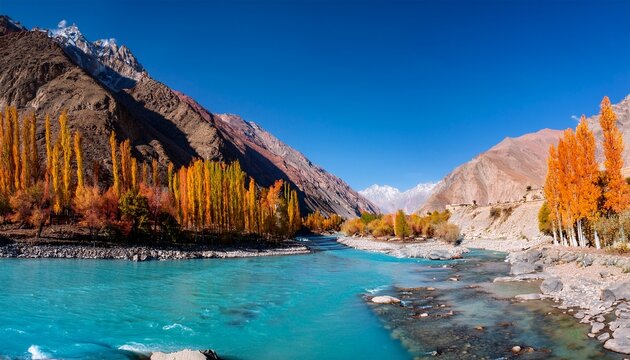autumn scene blue turquoise water of gilgit river flowing through gupis ghizer gilgit baltistan pakistan