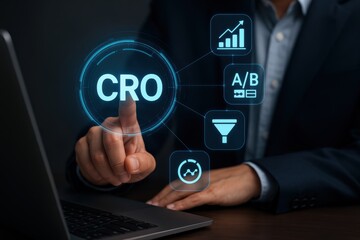 Businessman in suit pointing at digital CRO interface with analytics icons