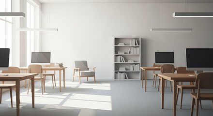 Minimalist Office Space with Natural Light Desks Chairs and Bookshelves
