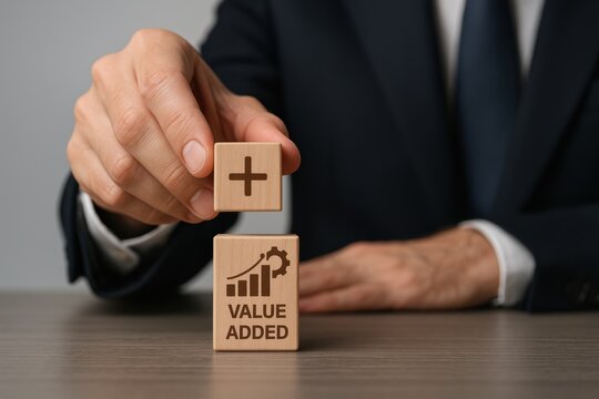 Businessman stacking wooden blocks with value added growth concept