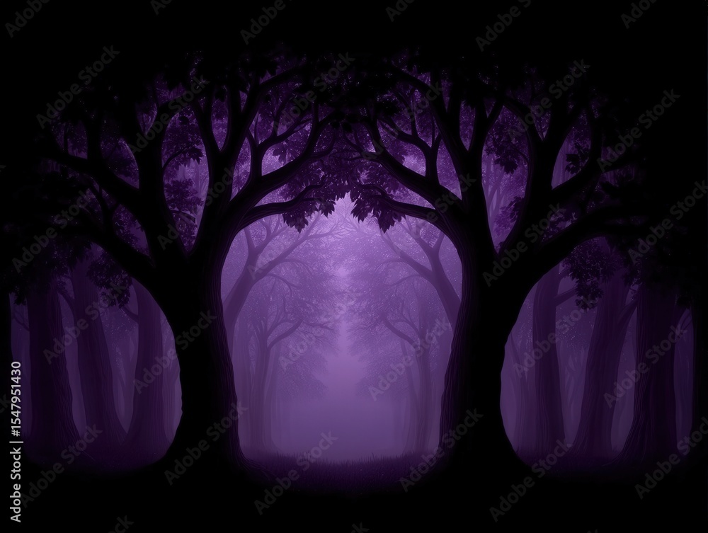 Poster enchanted forest scene showcasing silhouetted trees with ethereal purple hues and soft mist creating