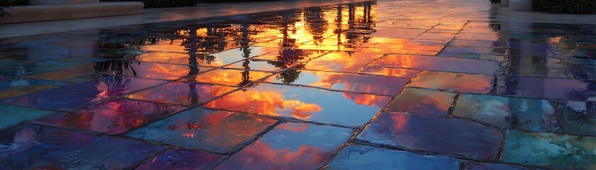 Colorful sunset reflections on a mosaic pavement.