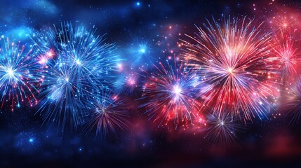 Fototapeta premium Blue, red and white fireworks bursting in dark night sky to celebrate USA Independence Day or New Year, symbolizing American patriotism, national pride and festive holiday celebration background