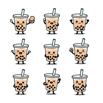 Bubble milk tea cartoon character expressions set