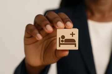 Person holding wooden block with hospital bed plus sign icon