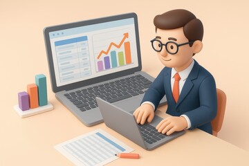 Businessman analyzing financial data on laptop at desk workspace