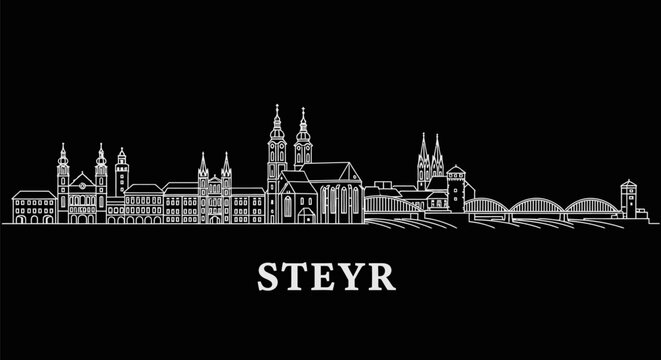 Steyr Austria Skyline with Minimalist, and White Outline.