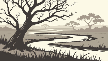 Serene River Landscape Design featuring Trees and Grass ideal for Branding and Logo creation