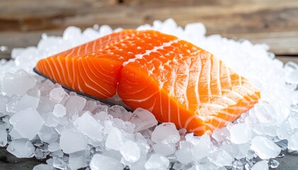 Raw Wild Salmon Steak with Skin on Crushed Ice – High-Detail Display Highlighting Natural Marbling, Freshness, and Rustic Seafood Market Aesthetic in a Cold, Clean Setting