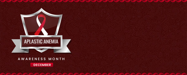 Aplastic Anemia Awareness Month banner, with red and white ribbon, shield and space for text.
