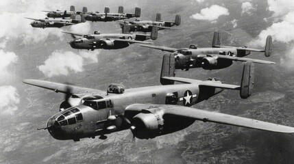 Historic WW2 Mitchell B-25 medium bombers flying in V-formation during military air mission, symbolizing vintage aviation, strategic air power and World War II combat history