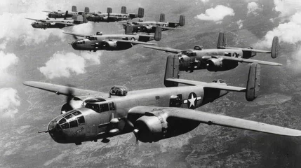 Plexiglas schilderij Oud vliegtuig Historic WW2 Mitchell B-25 medium bombers flying in V-formation during military air mission, symbolizing vintage aviation, strategic air power and World War II combat history  © suyu