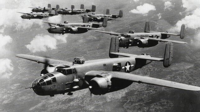 Historic WW2 Mitchell B-25 medium bombers flying in V-formation during military air mission, symbolizing vintage aviation, strategic air power and World War II combat history - Powered by Adobe