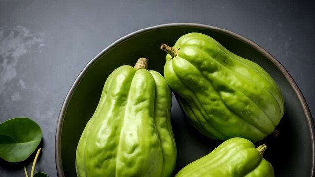 Fresh chayote squash displayed in a dark bowl with two green leaves set against a dark marble background