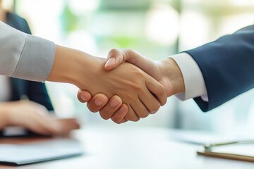Professional handshake between two business partners in a modern office setting symbolizing agreement, teamwork, collaboration, and trust in a corporate environment