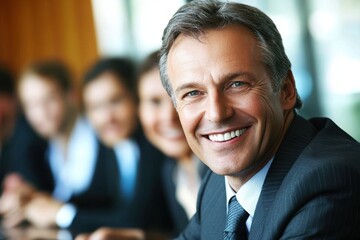 Confident Businessman Smiling at a Meeting with Professional Colleagues in a Bright Office Environment