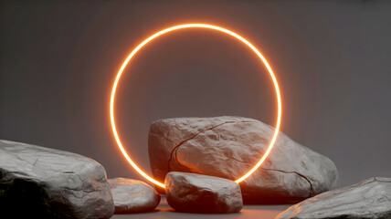 A dark, minimalist 3D rendering of a glowing orange circle against a black background