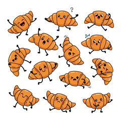 Croissant food cartoon characters various emotion