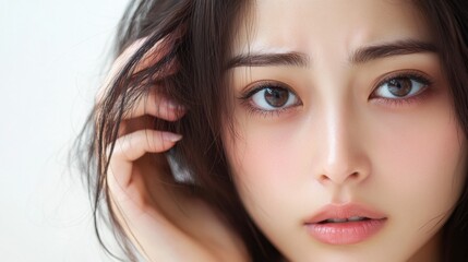 Obraz premium Hair Loss Awareness Month. Expressive young woman with thoughtful eyes and hand touching hair