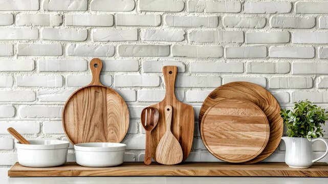 A collection of wooden kitchen tools and white ceramic bowls displayed on a shelf, enhancing the kitchen decor with a rustic touch