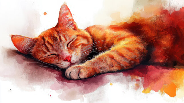 Cozy ginger cat sleeping peacefully celebrating international cat day. International Cat Day