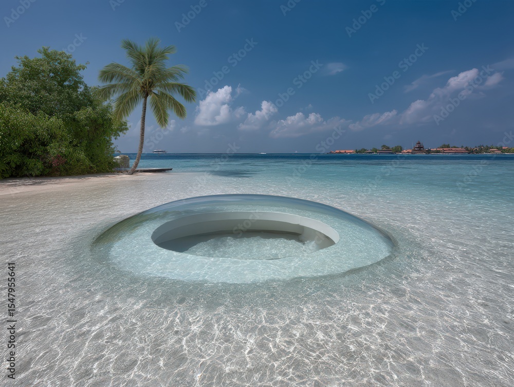 Poster clear tropical lagoon with modern architectural design featuring a unique round pool surrounded by p