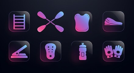 Colorful Glass Icons Set: Ladder, Paddles, Life Vest, Shoe, Hole Punch, Rock, Water Bottle, Gloves