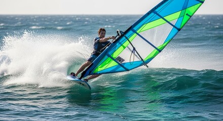 A windsurfer skillfully glides over an ocean wave with a splash, showcasing dynamic movement and a powerful connection to the sea.
